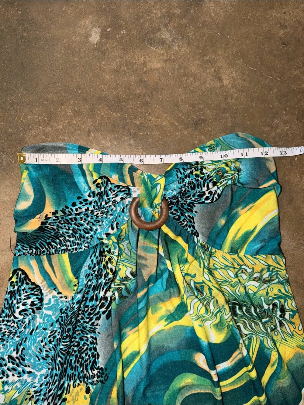 Silk Blend Strapless Tropical Midi Dress Teal Yellow Size M - Picture 4 of 8